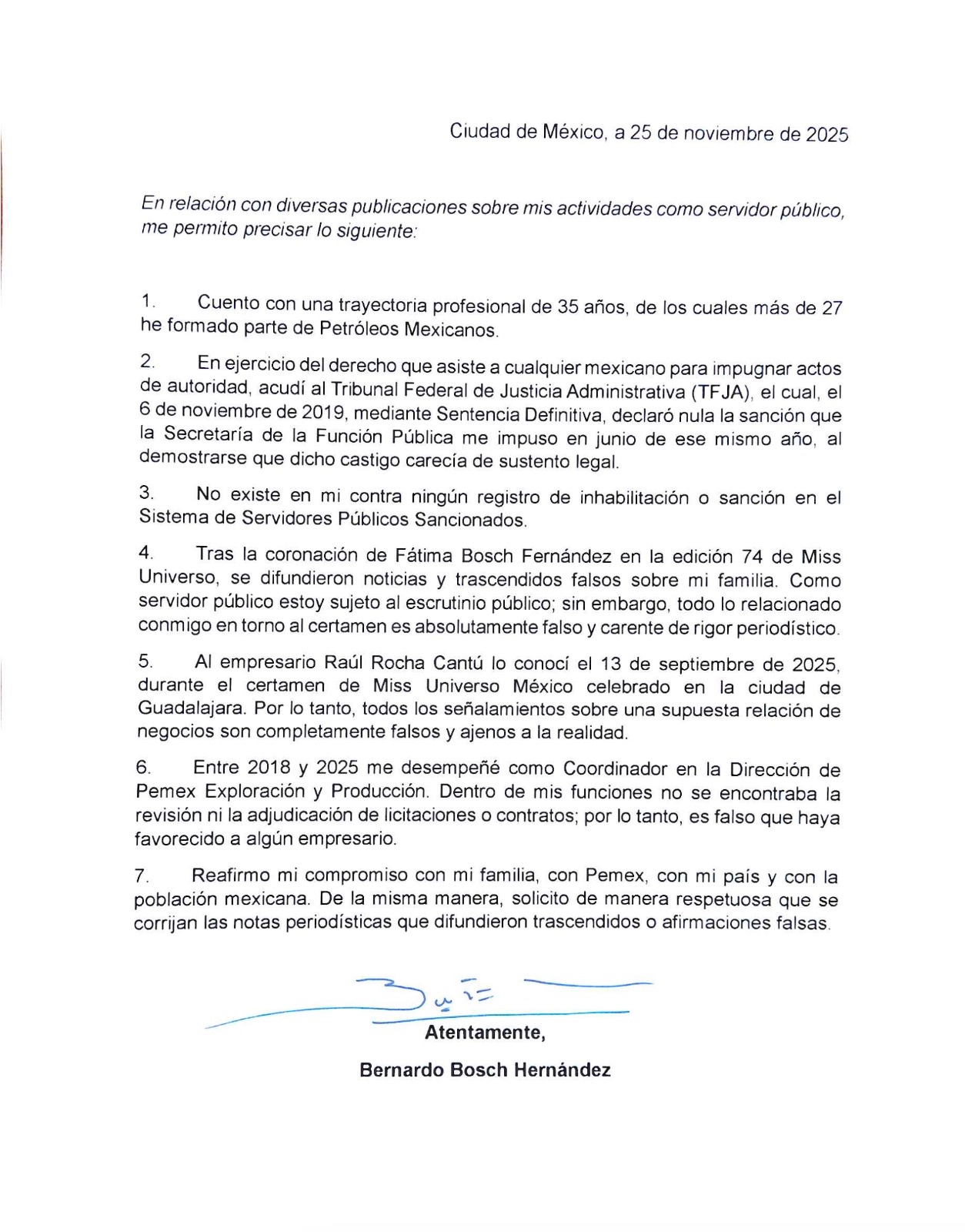 Bernardo Bosch desmiente sanciones y vínculos con empresarios tras polémica por Miss Universo