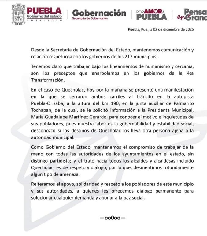 Desmiente Segob Puebla cualquier tipo de amenazas